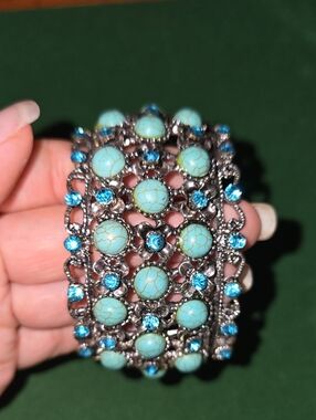 Turquoise Stone and Blue Crystal Filigree Bracelet
